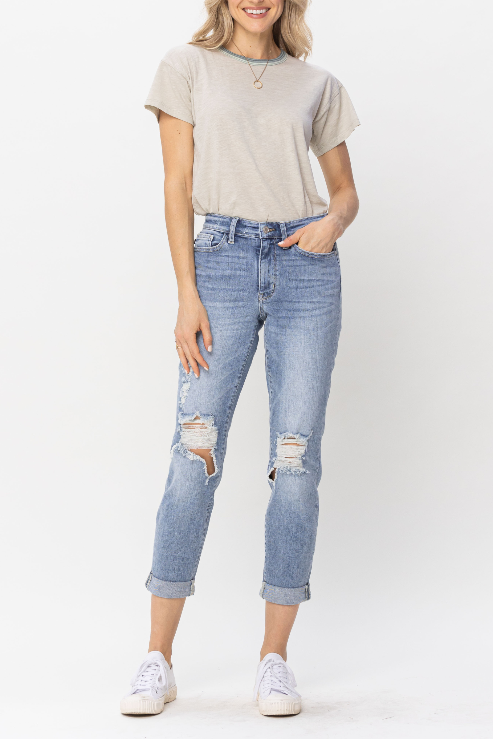 Judy Blue Mid Rise Ripped Double Cuff Boyfriend