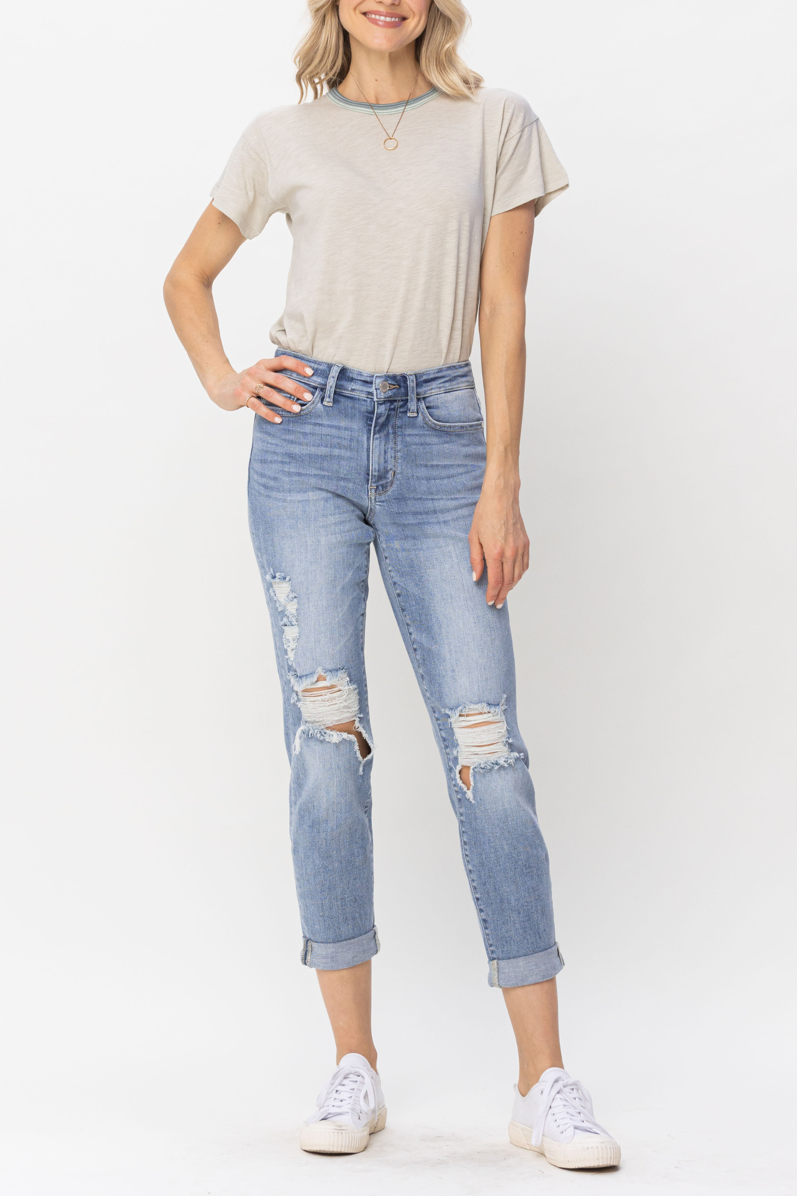 Judy Blue Mid Rise Ripped Double Cuff Boyfriend