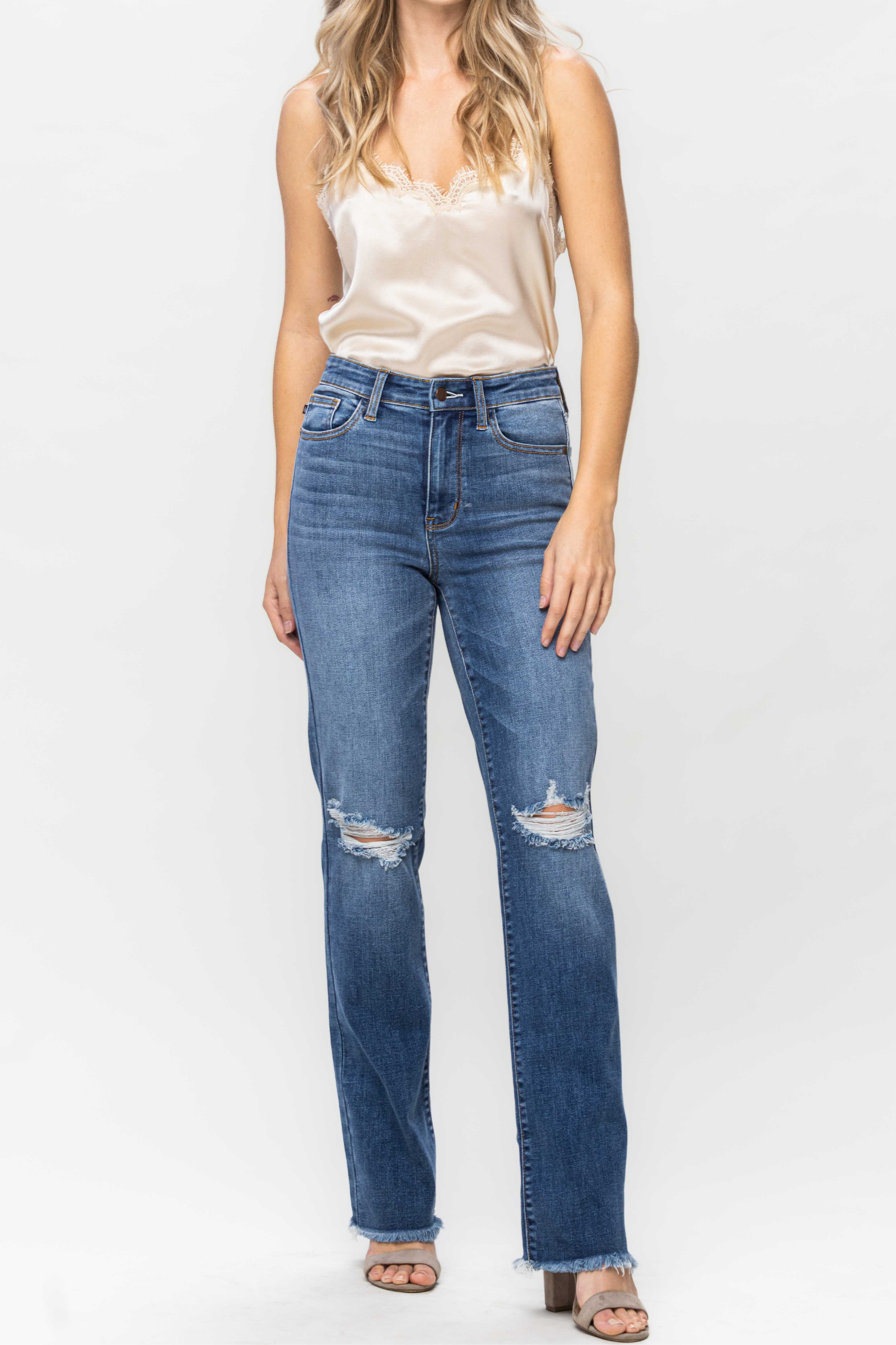 Judy Blue High Waist Destroy & Fray Hem Straight