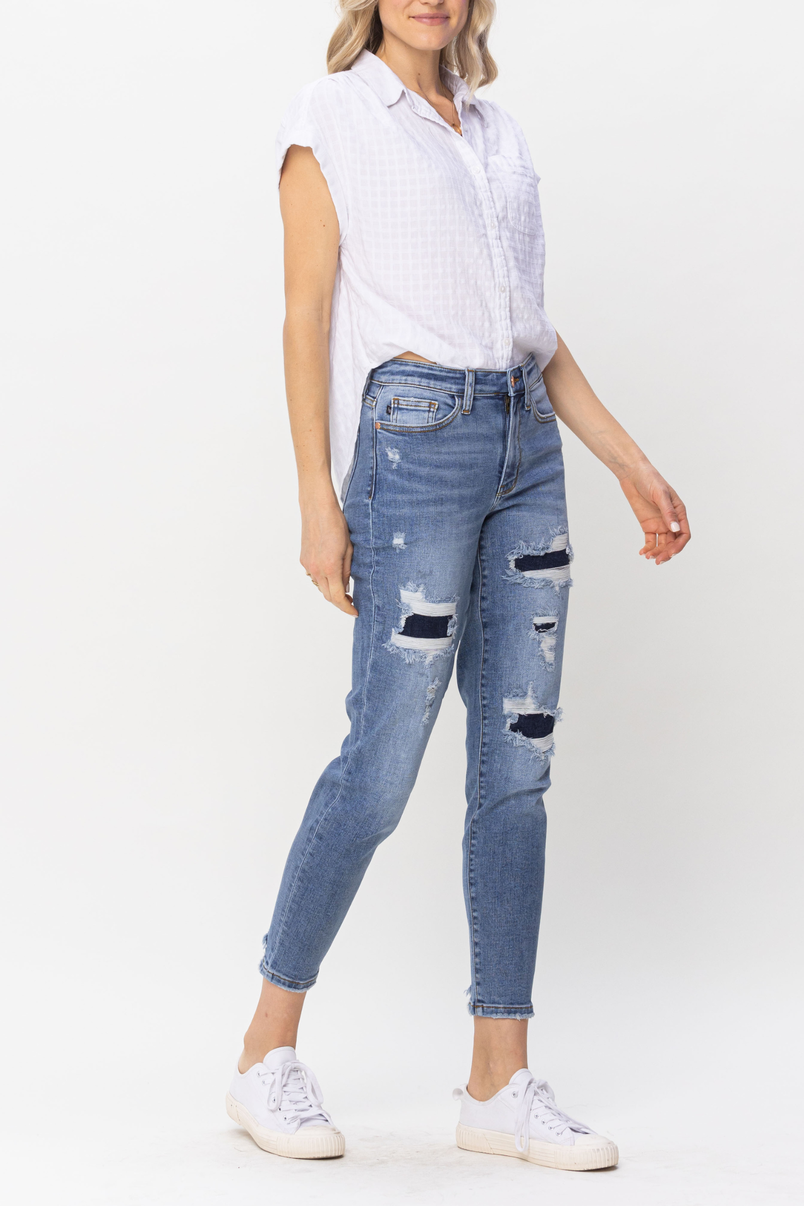 Judy Blue Mid Rise Navy Blue Patched Destroy Relaxed Jeans