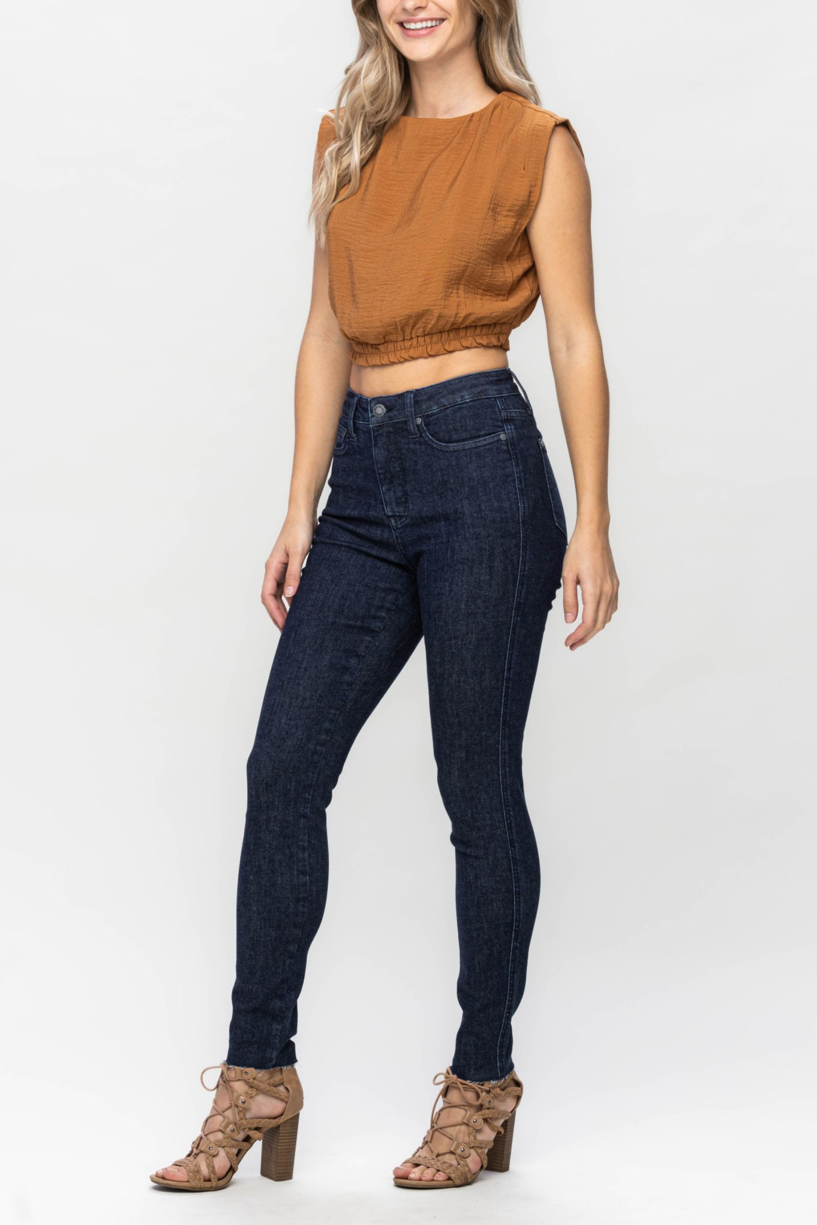 Judy Blue Dark High Waist Control Top Raw Hem Skinny - Boujee Boutique